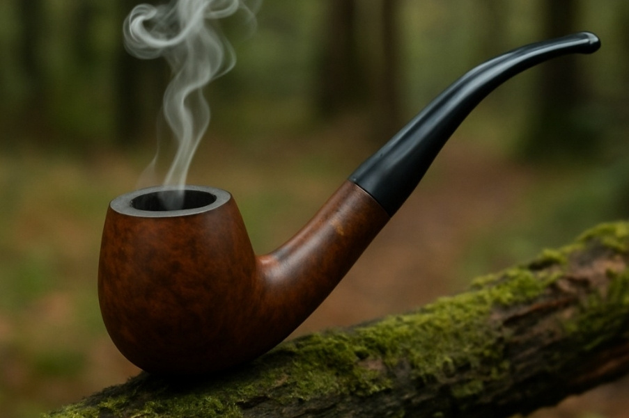 A wooden smoking pipe resting on a mossy branch in a forest, with smoke rising gently from the bowl.
